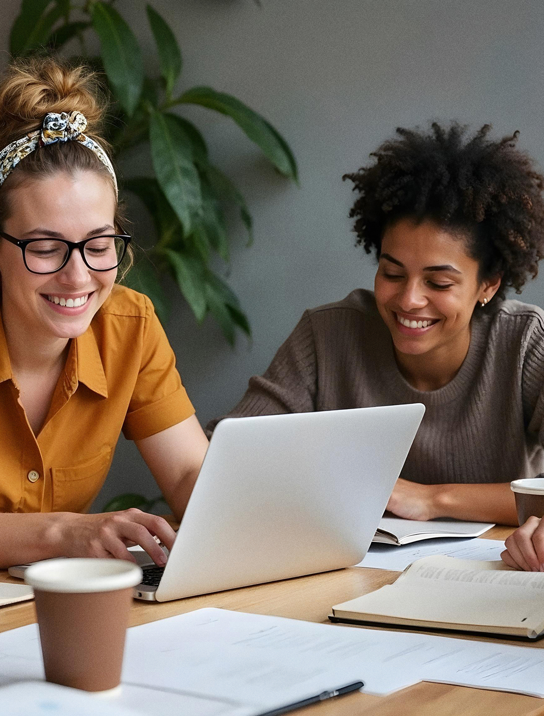 Happy team working together around a laptop